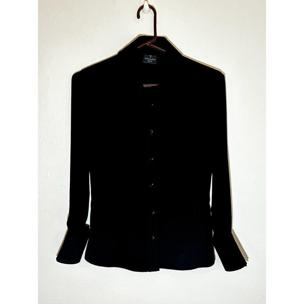 Trussardi Jeans Size Large L Black Blouse Long Sleeve Collar Italian Made